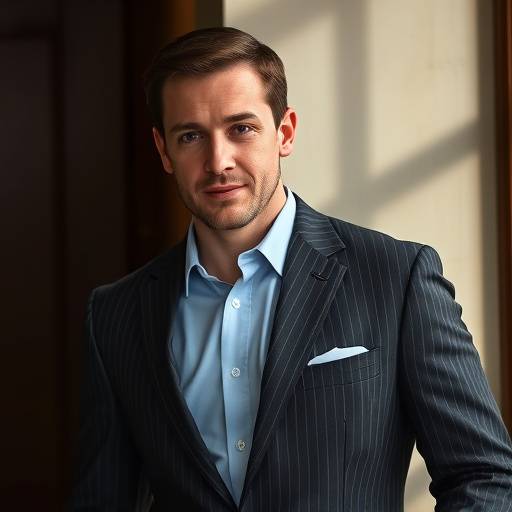 A sophisticated gentleman in a charcoal grey bespoke suit with a subtle pinstripe, paired with a light blue shirt.