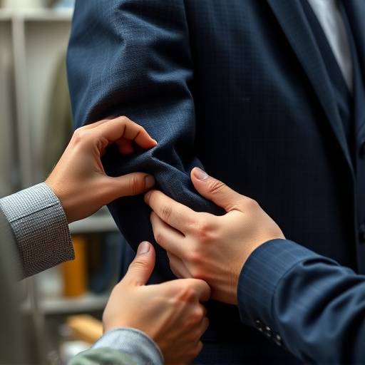 A tailor carefully adjusting the sleeve of a suit jacket