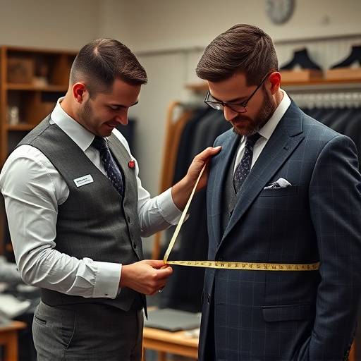 Master tailor meticulously measuring a client for a bespoke suit with a tape measure.